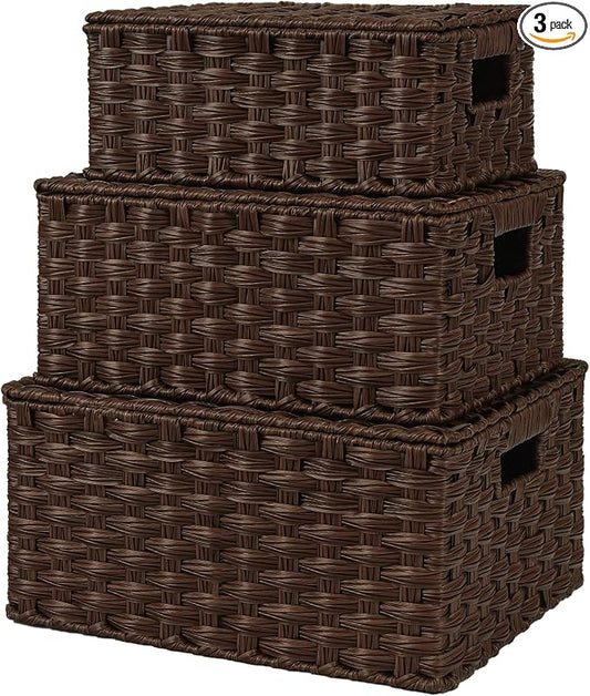 Granny Says Wicker Baskets with Lids, Decorative Storage Boxes With Lids | Woven Baskets With Lids, Wicker Baskets For Storage, Decorative Storage Boxes, Woven Stackable Basket with Lid for Organizing
