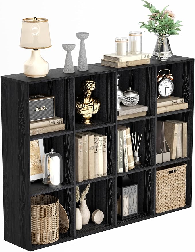 VDNEND Wooden Storage Organizer with Closed Back Panel, 11in Cube Shelf Opening, Bookshelf, Display Shelf,Closet Cabinet for Home and Office (Black, 12-Cube 35.98L*9.45W*47.72H)