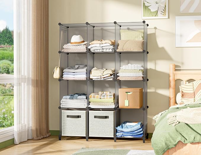 HOMIDEC Closet Organizers and Storage, 12 Cube Storage Organizer, Grey | Portable Closet Shelves Clothing Storage Closet Organization for Kids, Closet, Bedroom, Bathroom, Office