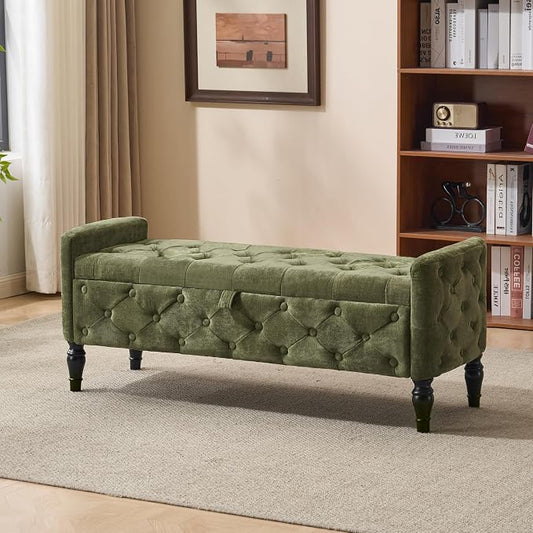 Royal Windsor 48" Ottoman with Storage,Tufted Storage Bench with Safety Hinge,Holds up to 350 lb,Black Wood Legs,Upholstered Bench with Arms for Bedroom,Living Room,Entryway,Linen Green