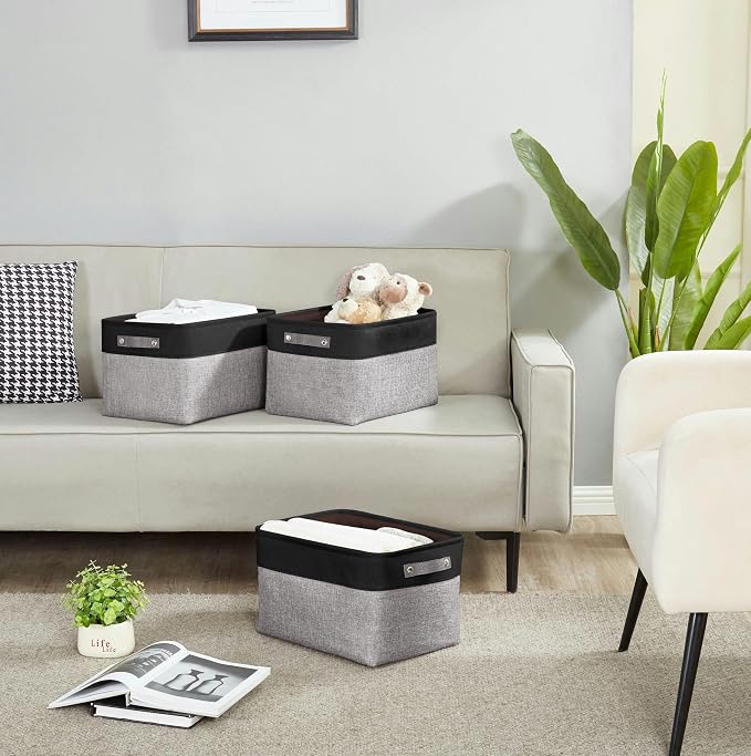 DECOMOMO Storage Bins, Large Fabric Storage Baskets for Shelves 4 Pack | 15 x 11 x 9.5 inches Decorative Linen Closet Organizers (Grey & Black)