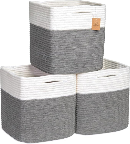 NaturalCozy Storage Cubes 11 Inch Cotton Rope Woven Baskets for Organizing, 3-Pack | Cube Storage Bin | Square Storage Baskets for Shelves Organizer, Classroom, Kids Toy Bins, Closet, Baby Nursery