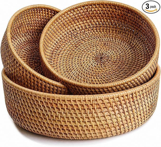 YANGQIHOME Fruit Basket, Wicker Basket Rattan Fruit Bowls, Round Bread Baskets, Handwoven Storage Basket, Natural Serving Bowls Kitchen Counter Dining Room Snack Vegetable 7.9”, 9”, 10.2” (Set of 3)