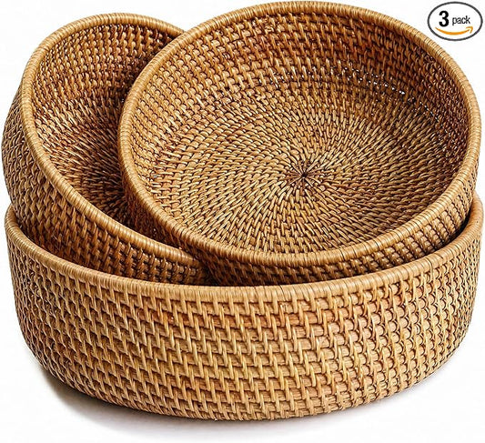 YANGQIHOME Fruit Basket, Wicker Basket Rattan Fruit Bowls, Round Bread Baskets, Handwoven Storage Basket, Natural Serving Bowls Kitchen Counter Dining Room Snack Vegetable 7.9”, 9”, 10.2” (Set of 3)
