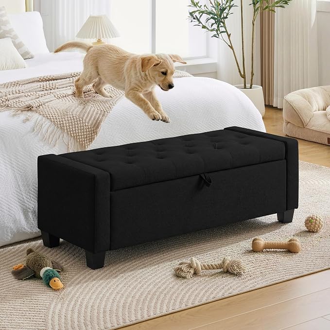 Huatean Home 43" Ottoman with Storage, Black Storage Ottoman Bench | Upholstered Entryway Bench with Seating for Bedroom, Living Room with Safety Hinge, Holds up to 330 lb