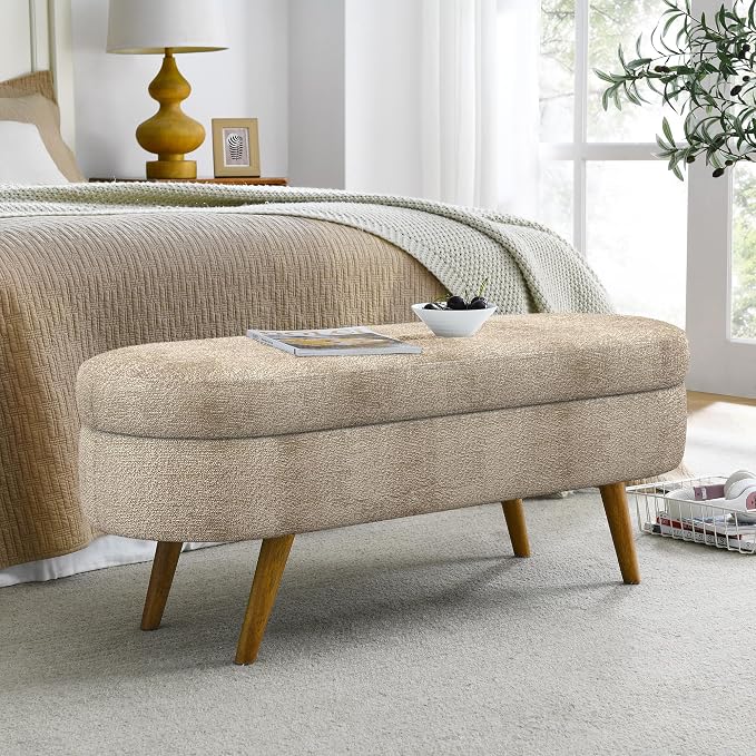 43.5” Storage Ottoman Bench，Upholstered Oval End of Bed Bench for Bedroom | Modern Linen Ottoman with Storage, Entryway Foot Rest with Wooden Legs, Lift-Top Lid with Safety Hinge, Living Room,Brown