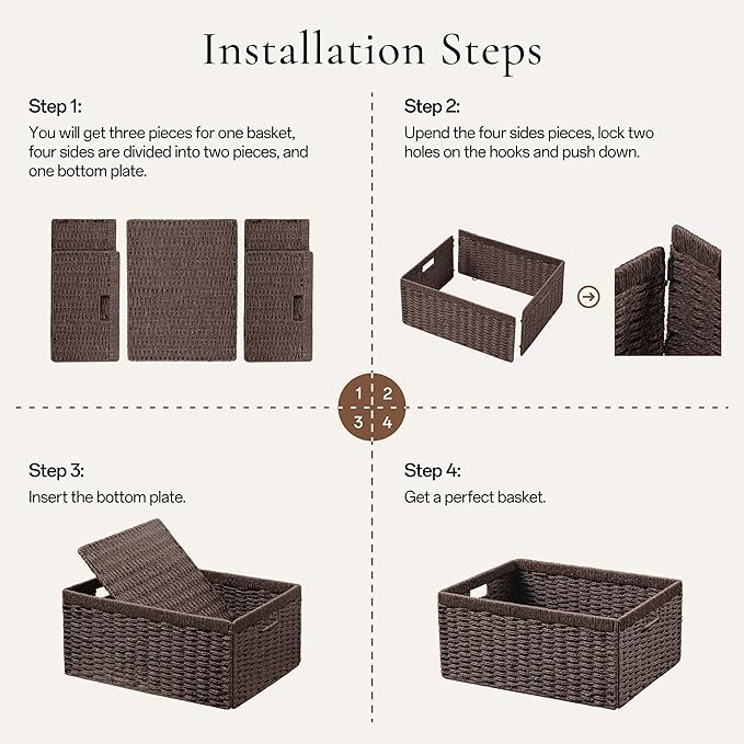 UBBCARE 2 Pack Wicker Basket, 13.4L×8.3H×7.1W inch Woven Paper Rope Storage Baskets for Shelves, Foldable Rectangular Storage Baskets with Handle, Storage Basket for Organizing, Dark Brown