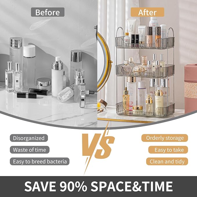 Akinbas 3 Tier Bathroom Organizer Countertop Makeup Perfume Tray Skincare Organizer for Bathroom Dresser Vanity (Grey)