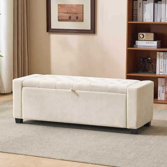 Royal Windsor 48" Ottoman with Storage,Tufted Storage Bench with Safety Hinge,Holds up to 350 lb,Upholstered Bench with Seating for Bedroom,Living Room,Entryway,Linen Beige