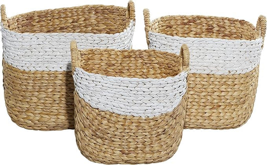Deco 79 Seagrass Handmade Two Toned Storage Basket with Handles, Set of 3 19", 17", 15"W, Brown