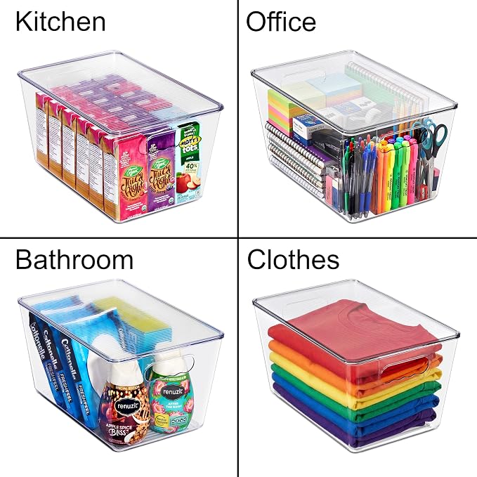 Clear Storage Bins with Lids, 8 Pack Large Stackable Clear Bins, Clear Storage Containers with Lids, Plastic Organizer Boxes for Pantry Storage, Kitchen Cabinets, Closet Organization, Bathroom