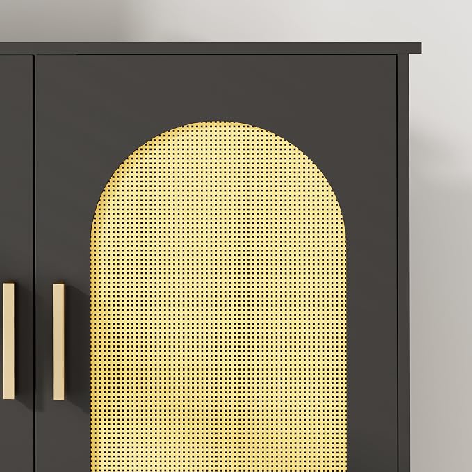 Homhedy Wooden Over The Toilet Storage Cabinet, Natural and Black | Bathroom Organizer with Rattan Decorated Doors, Adjustable Shelves, Toilet Paper Holder, for Small Spaces
