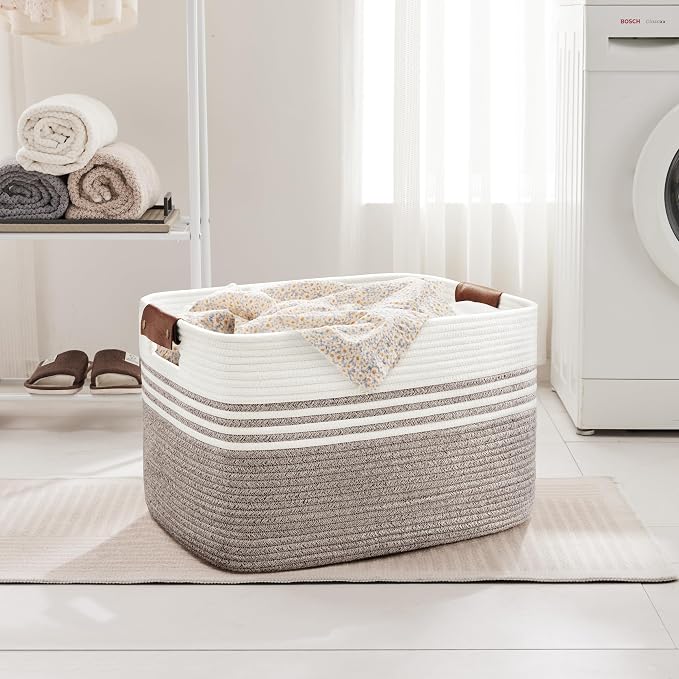 86L Woven Laundry Basket Hamper with Leather Handles,Dark Brown | collapsible wicker hamper, storage for dirty clothes, toys, blankets, gifts, living room, bedroom, bathroom, 24"x16"x14"