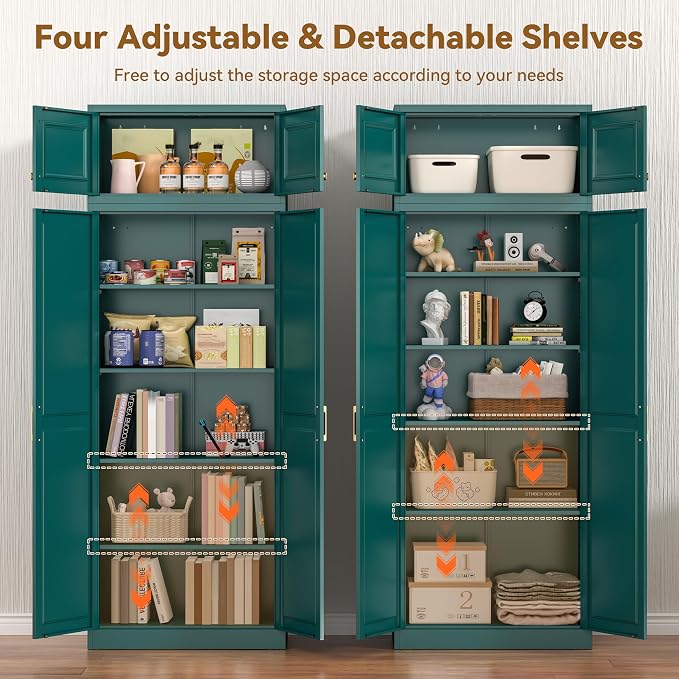 Polup 86" Tall Metal Kitchen Pantry Storage Cabinet with Doors and Shelves | Heavy-Duty Green Cabinet, 4 Adjustable Shelving, Gold Handles, Magnetic Latch, for Dining Living Room, Bathroom & Garage