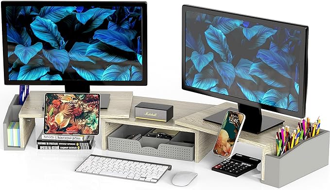 Simple Houseware Desk Dual Monitor Stand Riser with Drawer, Maple | Customizable Organizer Tray, Built-In Phone & Tablet Slot and Side Storage