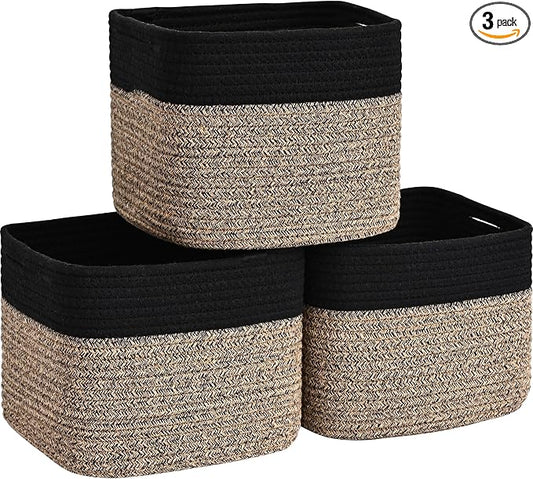 3 Pack Cube Storage Bin, 9”x9”x7” Cotton Rope Woven Baskets for Organizing Toys Clothes Towels, Square Gift Storage Baskets for Shelves, Nursery, Closet, Bathroom, Pantry (Black & Brown)