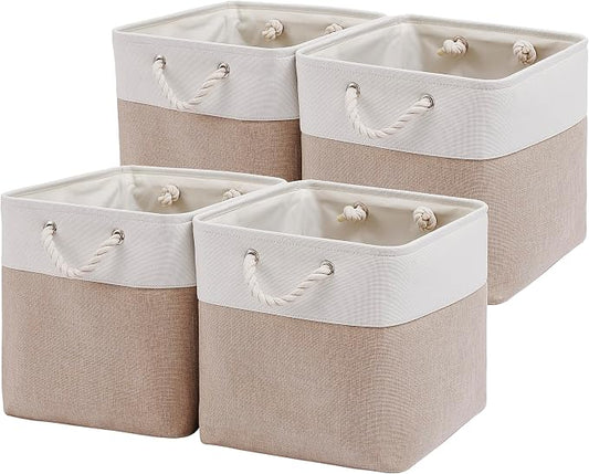 MidmmVick 13 x 13 Inch Cube Storage Bins, 4 Pack Large Collapsible Fabric Storage Bin with Ropes, Foldable Storage Cubes for Home, Office,Closet, Clothes, Toys Organizer (White & Beige)