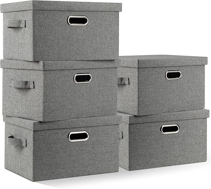 Graciadeco Medium 15" 21 Quart Collapsible Stackable Storage Bins with Lids, 5 Packs Grey Foldable Fabric Closet Boxes Heavy-duty Linen Cube Baskets Container for Bedroom Office (15 x 11 x 8) | 21 Quart 5 Pack Gray1 Collapsible Stackable Linen Fabric 4...