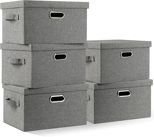 Graciadeco Medium 15" 21 Quart Collapsible Stackable Storage Bins with Lids, 5 Packs Grey Foldable Fabric Closet Boxes Heavy-duty Linen Cube Baskets Container for Bedroom Office (15 x 11 x 8) | 21 Quart 5 Pack Gray1 Collapsible Stackable Linen Fabric 4...