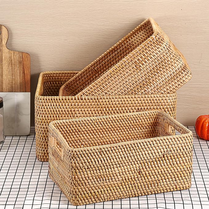 Hipiwe Woven Rattan Basket Natural Wicker Storage Basket Box with Handles | Rectangular Open Storage Bin for Shelf Bathroom Living Room Kitchen, 13" x 8.7" x 5.9"