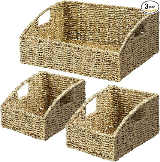 Pantry Baskets Organization, Wicker Storage Basket Green | Handwoven Pantry Organizers and Storage with Built-in Handles, Laundryroom Organization Storage Bins for Snack Cans