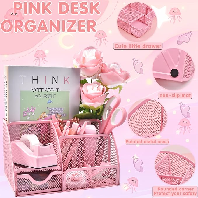 Pink Desk Accessories, 24Pcs Pink Office Supplies and Desk Organizers, with Tape Dispenser, Stapler, Staple Remover, Ect, Gift Box Packaging