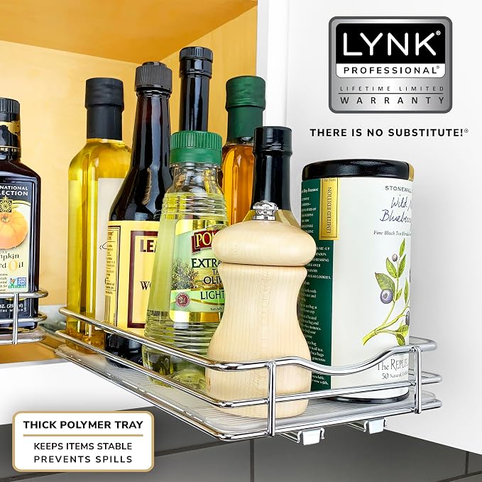 LYNK PROFESSIONAL® Pull Out Spice Organization for Cabinets - 6-3/8 inch Wide – Spice Rack for Inside Cabinets, Slide Out Spice Rack Organizer for cabinet – Pull Out Spice Rack, Sliding 1 Tier Chrome