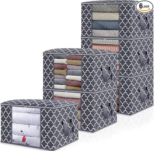 WISELIFE Storage Bags, Large Blanket Clothes Organization and Storage Containers for Bedding, Comforters, Foldable Organizer with Reinforced Handle, Clear Window,Sturdy Zippers,(Grey, 6 x 100L)