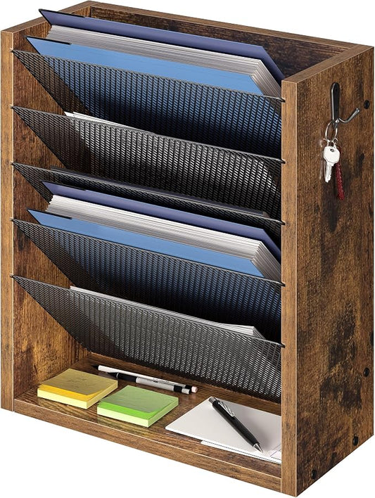 Mail Organizer Wall Mounted, 6-Slot Hanging File Organizer with Key Holder | Mail Sorter, Wood Letter Holder for Envelopes Bills Magazine Folders Papers Accessories for Home Office, Rustic Brown