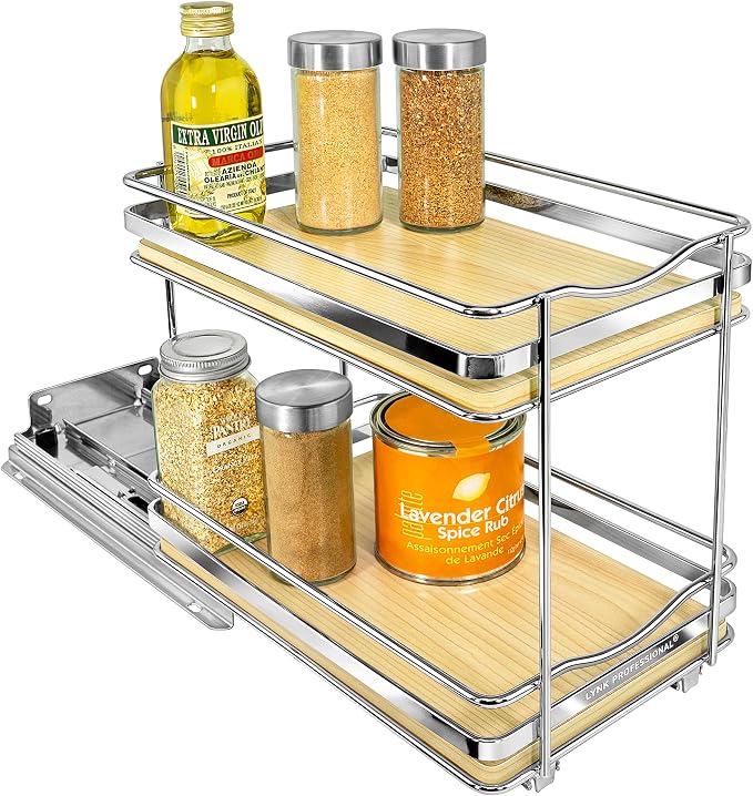 LYNK PROFESSIONAL® Élite™ Pull Out Spice Organization for Cabinets - 6-3/8 inch Wide – Spice Rack for Inside Cabinets – Wood/Chrome - Sliding Spice Rack Organizer for cabinet – Spice Rack - 2 Tier