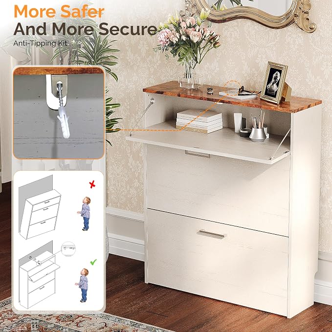 VINGLI Shoe Cabinet for Entryway, Farmhouse Slim Shoe Rack Storage with 3 Flip Drawers, Rustic Brown Top & Washed White Body, Narrow Hidden Shoe Organizer for Hallway, 9.5" Depth