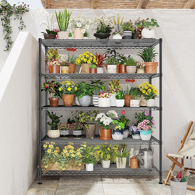 DurayLoly 45"W Heavy Duty 5-Tier 1000LBS Storage Shelves, Adjustable, Black | 13.5"Dx70.5"H, Commercial steel, Rustproof, Leveling feet, Tool-free assembly, For kitchen, pantry, garage, greenhouse