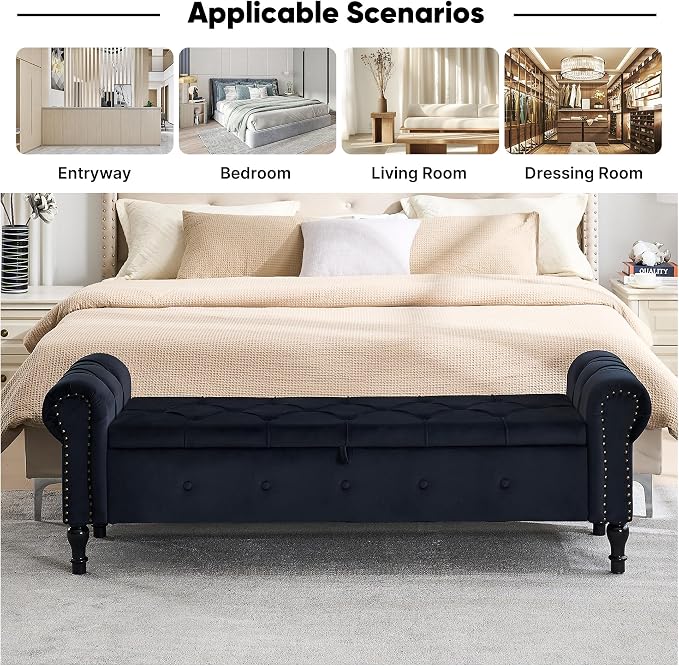 Storage Bench 67" Velvet End of Bed Benches Black | King Size Storage Bench for Bedroom with Rolled Arms Tufted Ottoman Benches Upholstered Bench for Living Room Entryway