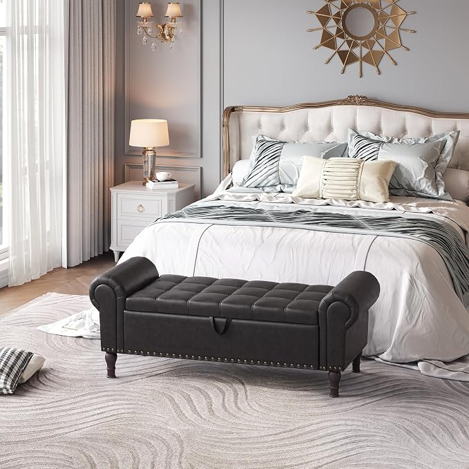 YOUDENOVA 51” Ottoman with Storage, Upholstered Storage Ottoman Bench with Rolled Arms, PU Leather Storage Bench for Bedroom, Living Room, Entryway, Black