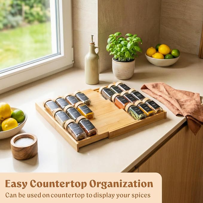 EDELHAUS Bamboo Spice Drawer Organizer - Expandable 4 Tier Spice Rack (Need 3" Deep Drawer) 12" to 24" Wide, Seasoning Organizer, Organization Seasoning Rack insert (Jars Not Included)