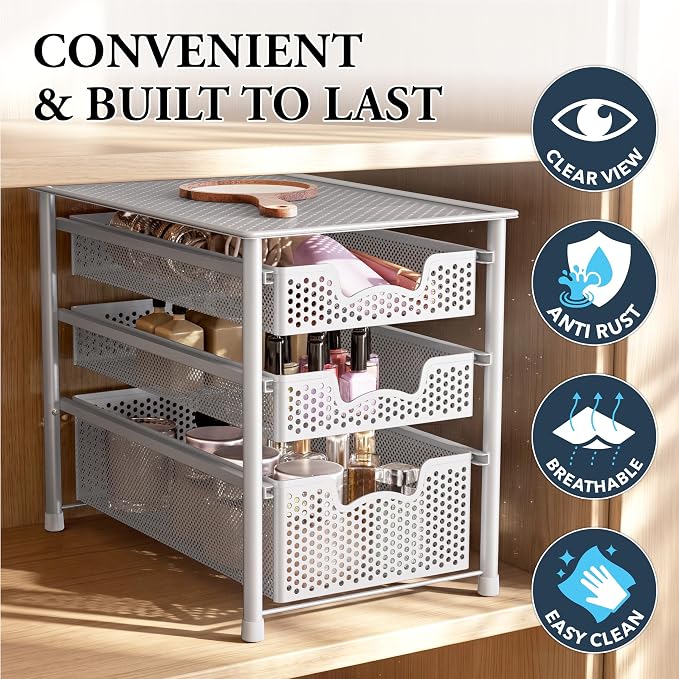 Simple Houseware 3 Tier White Alloy Steel Sliding Basket Organizer Drawer Cabinet | 3 Tier White Alloy Steel Sliding Basket Organizer Drawer Cabinet