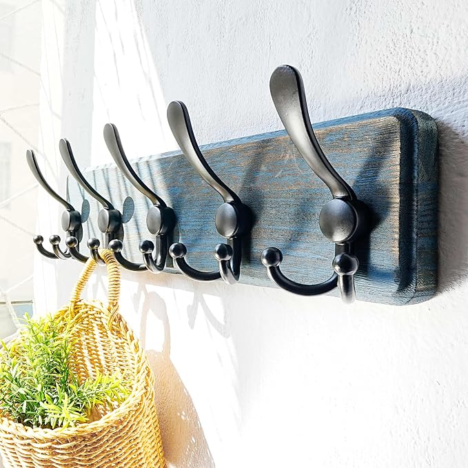 Coat Rack Wall Mount - Heavy-Duty Robust Barnwood-Style Wooden Wall Coat Hanger Hook Rail with 5 Triple Hooks for Winter Coats Hat Jacket Clothing, Weathered Blue & Black, Pack of 2