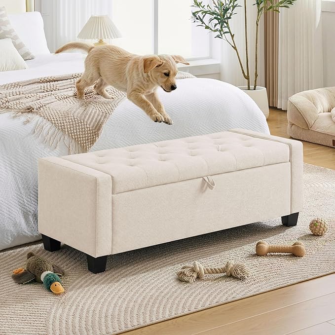 Huatean Home 43" Ottoman with Storage, Beige Storage Ottoman Bench | Upholstered Entryway Bench with Seating for Bedroom, Living Room, with Safety Hinge Holds up to 330 lb