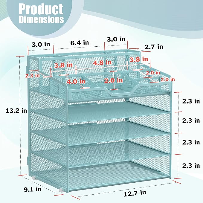 Docnest 5 Tier Mesh Desk Organizer with Letter Tray & Paper Sorter, Blue | Features 3 built-in pen holders & 5 adjustable compartments on top. Includes 4 non-slip rubber feet for desk protection
