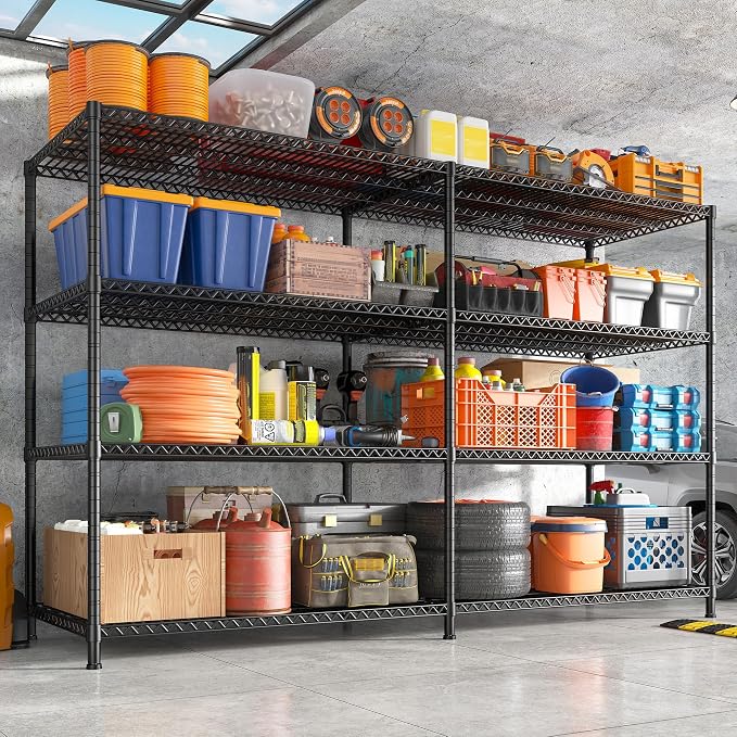 REIBII Storage Shelves, 3680LBS Heavy Duty&Space Saving 81.5''W for Garage | 4 Tier Adjustable Wire Shelving, Powder Coated, Tool-Free Metal Shelf, Scratch Resistant, Rust-resistant, 23.62"Dx70.86"H