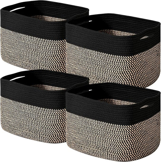 ICERZCZ Storage Baskets for Shelves Organizing, Woven Cotton Rope Baskets for Storage, Book Basket, Decorative Shelf Basket, 12.5"Lx9.1''Wx7.9''H (4 Packs) Black & Jute
