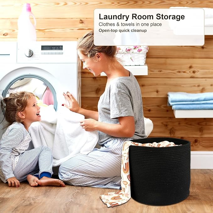 XUANGUO Cotton Rope Basket For Girls Boys Kids 16”X14” Black | Baby Laundry Baskets, Blanket Basket, Nursery Bin; Round Woven Basket Organizer for Toy Storage, Blankets, Shoes and Clothes