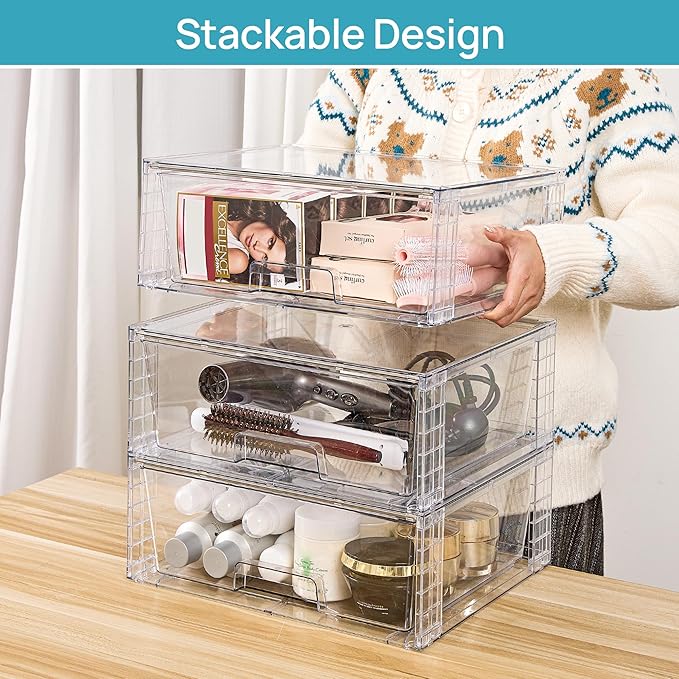 Vtopmart 8 Pack Large Clear Stackable Storage Drawers | Easily Assemble Bathroom Closet Undersink Organizers,Plastic Bins for Cabinet,Kitchen Pantry,Medicine Organization