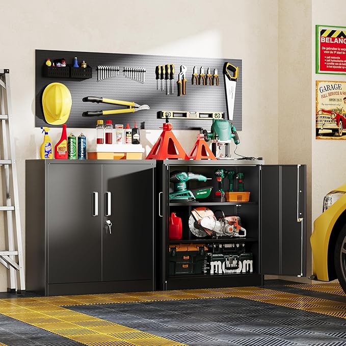 Metal Garage Storage Cabinet, Durable Metal Storage Solution | 35.4" Steel Garage Organizer Cabinet with Doors and Adjustable Shelves, Lockable File Cabinet for Home, Office, Tools