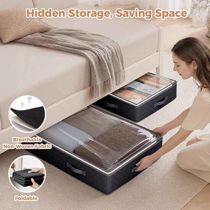 Budding Joy 90L Under Bed Storage, 4 Pack Closet Organizers Black | Foldable underbed storage bins for linen sheets, blanket, clothing, comforter, sweaters, pillows, wrapping paper