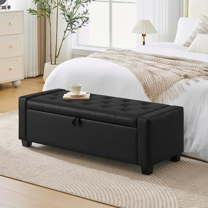 Huatean Home 48" Ottoman with Storage, Light Black Storage Ottoman Bench | Upholstered Entryway Bench with Seating for Bedroom, Living Room with Safety Hinge, Holds up to 330 lb