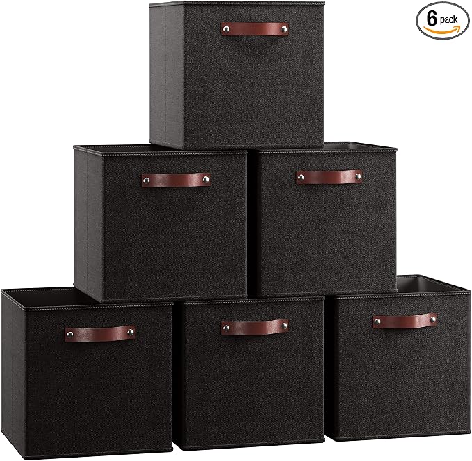 Ornavo Home 13x13 Foldable Fabric Storage Cube Bins, 6 Pack, Black | Collapsible Linen Shelf Basket Organizer; Leather Handles; Ideal Cube Storage For Closet