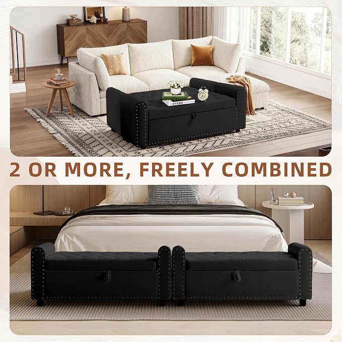 48" Ottoman with Storage, Tufted Storage Ottoman Bench, Convenient Living Room Fabrics Bench Seat, Entryway Shoe Benches with Inner Zipper & Arm, Upholstered Window Seat Ottomans with Rivets, Black