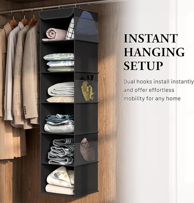 Simple Houseware 6 Shelf Hanging Closet Organizer, Black | 360° Rotating Dual Hooks, Top Support Metal Frame, 6 Side Mesh Pockets