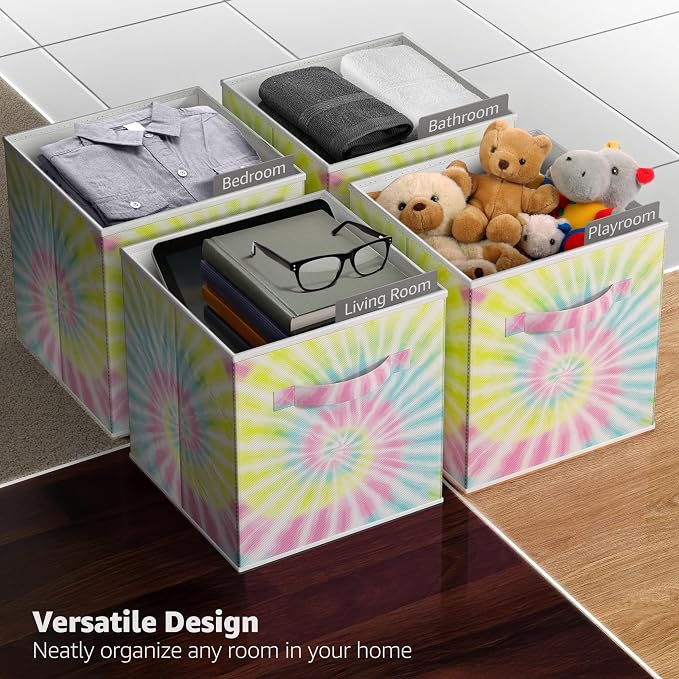 Sorbus Fabric Storage Cubes - 6 Foldable Tie Dye Storage Bins for Organizing Cubbies, Toy Box - Clothes Storage & Closet Organizer - 11 Inch Collapsible Cube Baskets for Shelves with Handle